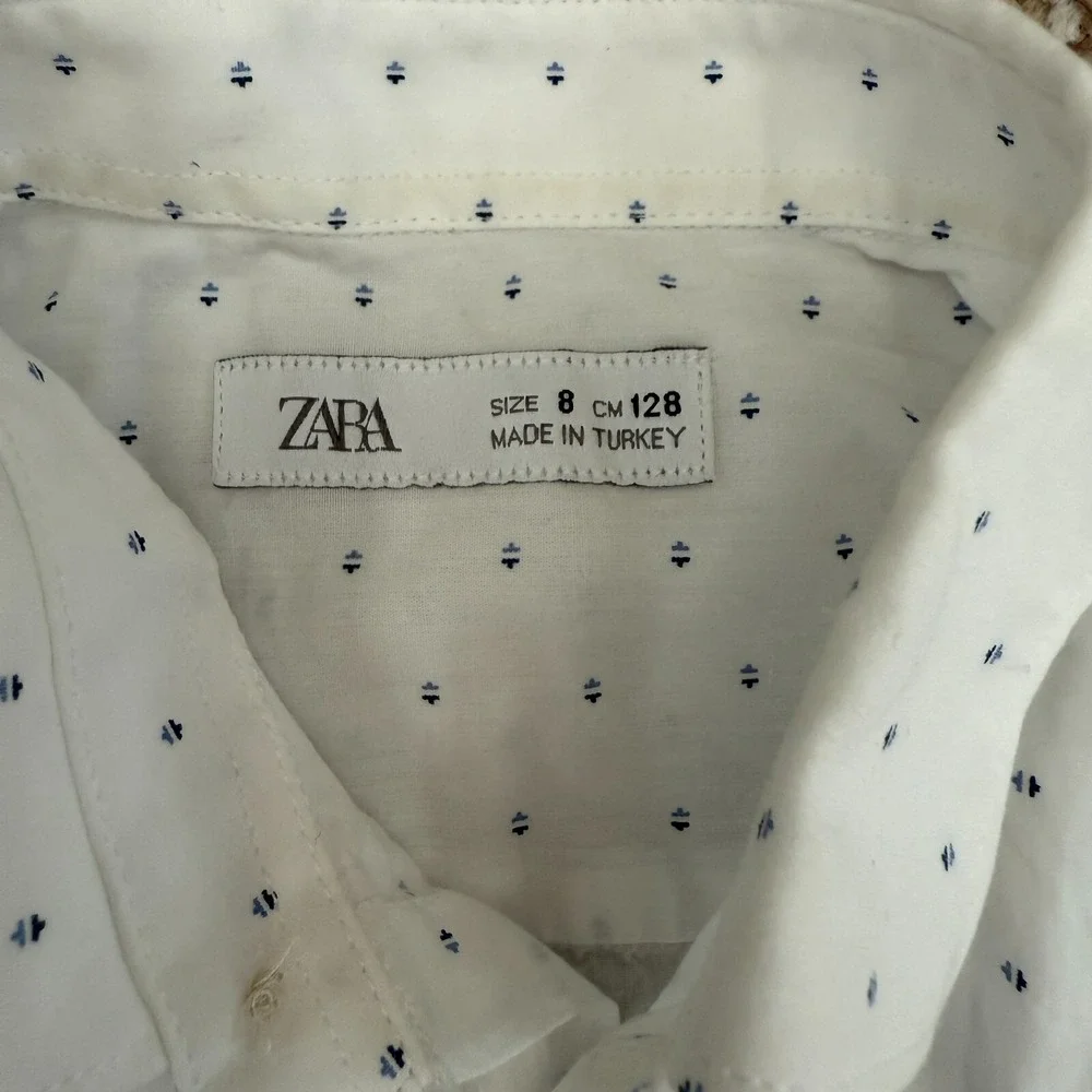 Zara Shirt Boys Sz 8‎ Printed Button Up Shirt White formal